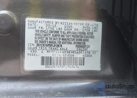 2015 Nissan Versa 1.6 S+ z USA, uszkodzony, nr VIN 3N1CN7AP0FL912676